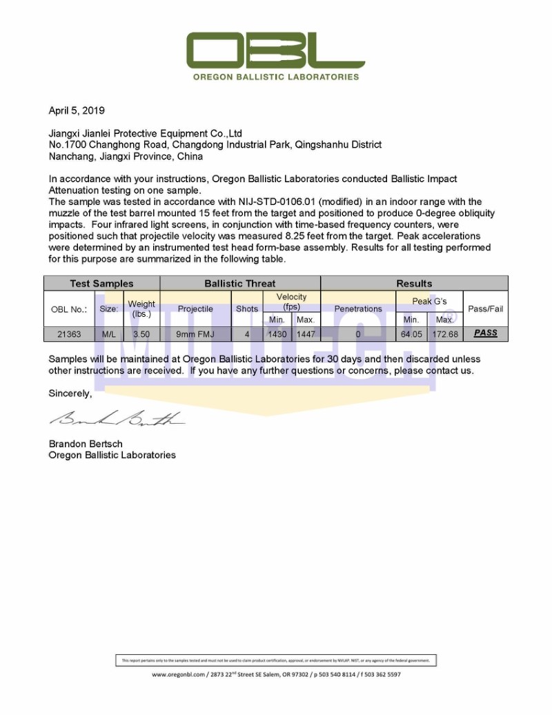Ballistic Helmet OBL 9mm Impact Attenuation Test Report 1